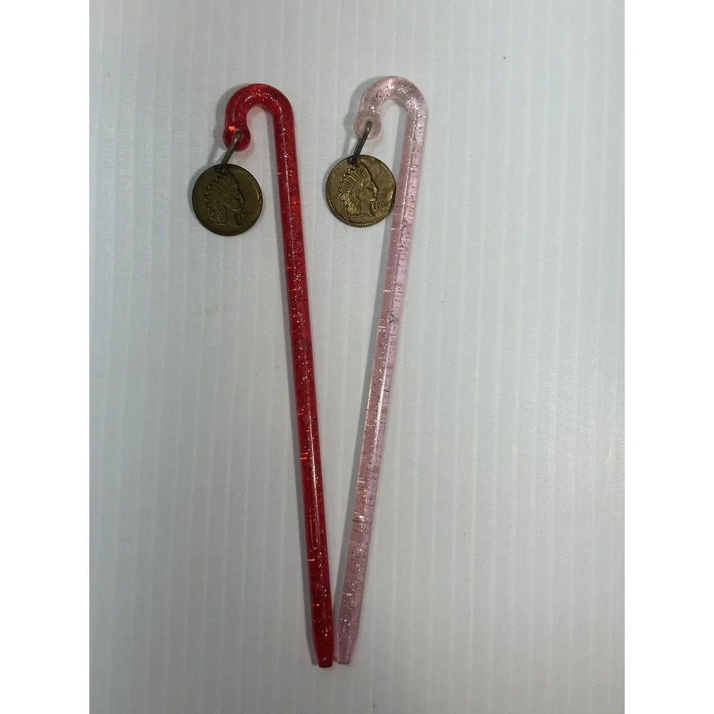 VTG Indianhead Penny Swizzle‎ Stick Drink Garnish Glitter Candy Cain Barware Bar